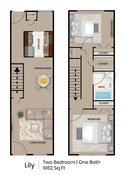 Floor plan for 2 beds, 1 bath, 1062 sqft
